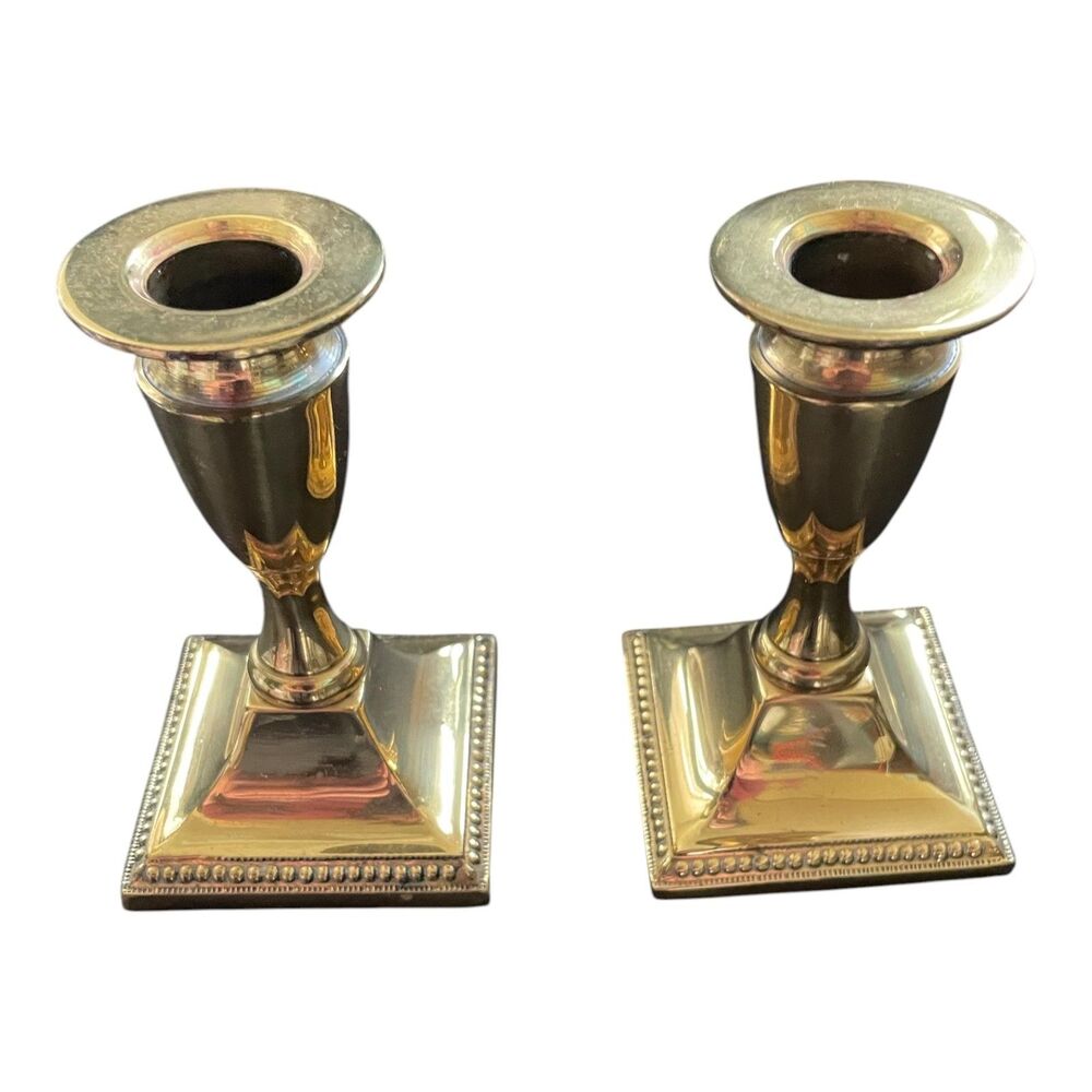 Pair Midcentury Vintage Brass Georgian Style Candle Holders Candlesticks 4.5"